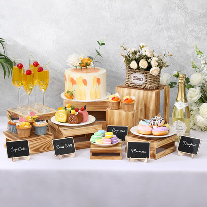Lallisa 8 Pcs Buffet Risers with Mini Signs Bulk Wooden Food Risers for Buffet Table Rustic Wood Cake Stands Crate Dessert Display Stand with Hollow Bottoms for Wedding Birthday(Vintage Dark Brown)
