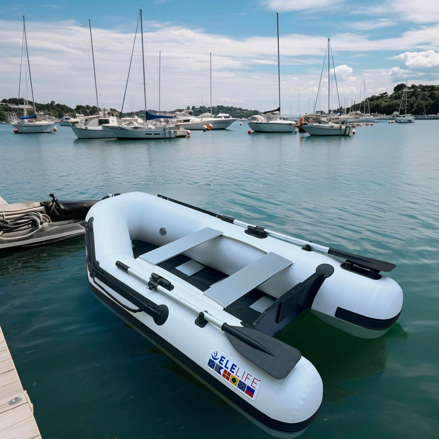 10FT Inflatable Boat,2-3Person Portable raft,2 Aluminum seat Board and 5 Aluminum Floor,3 Independent air Tubes,14 inch Large Float.No disassembly Required, Ultra Portable Design (7.5FT)
