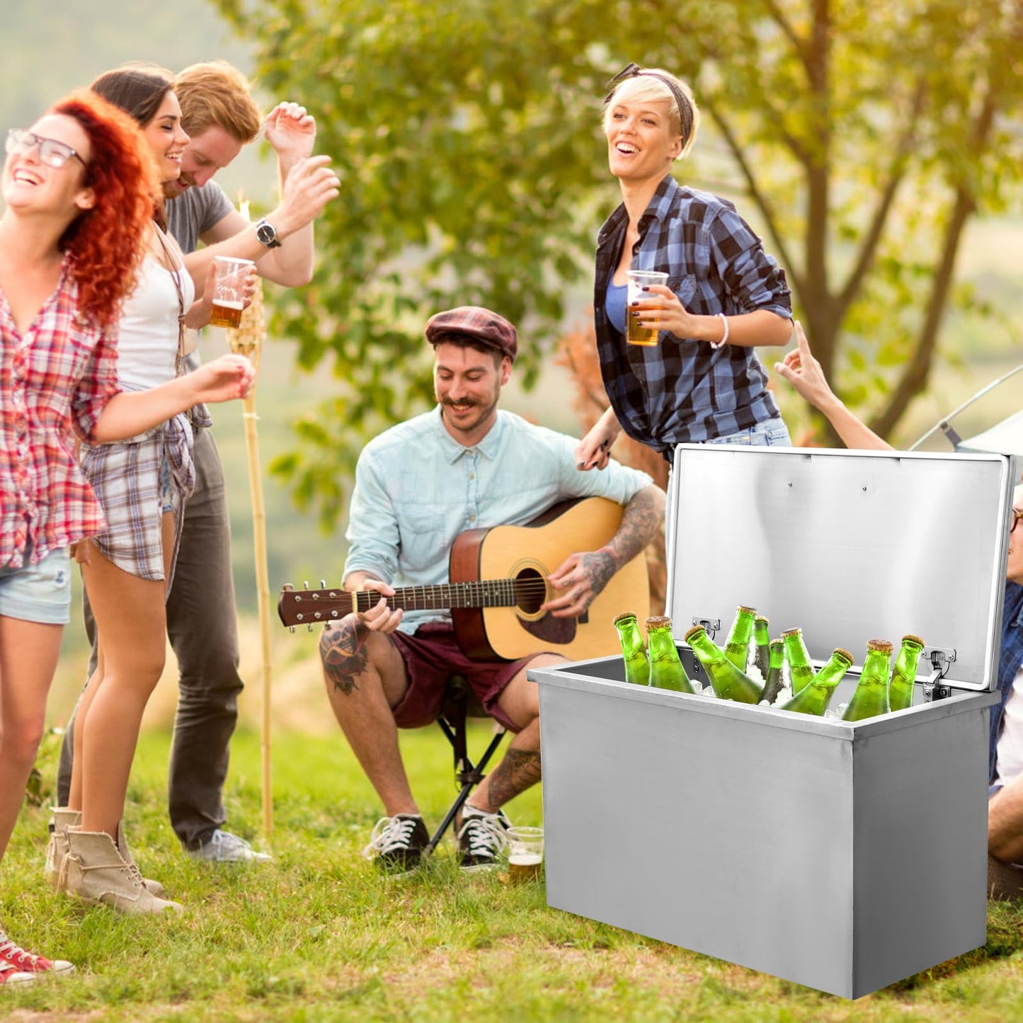 GarveeLife Drop in Ice Chest, 28" L x 14" W x 17" H Stainless Steel Ice Cooler, Commercial Ice Bin with Hinged Cover, Outdoor Kitchen Ice Bar, Drain-Pipe and Drain Plug Included, for Cold Wine Beer