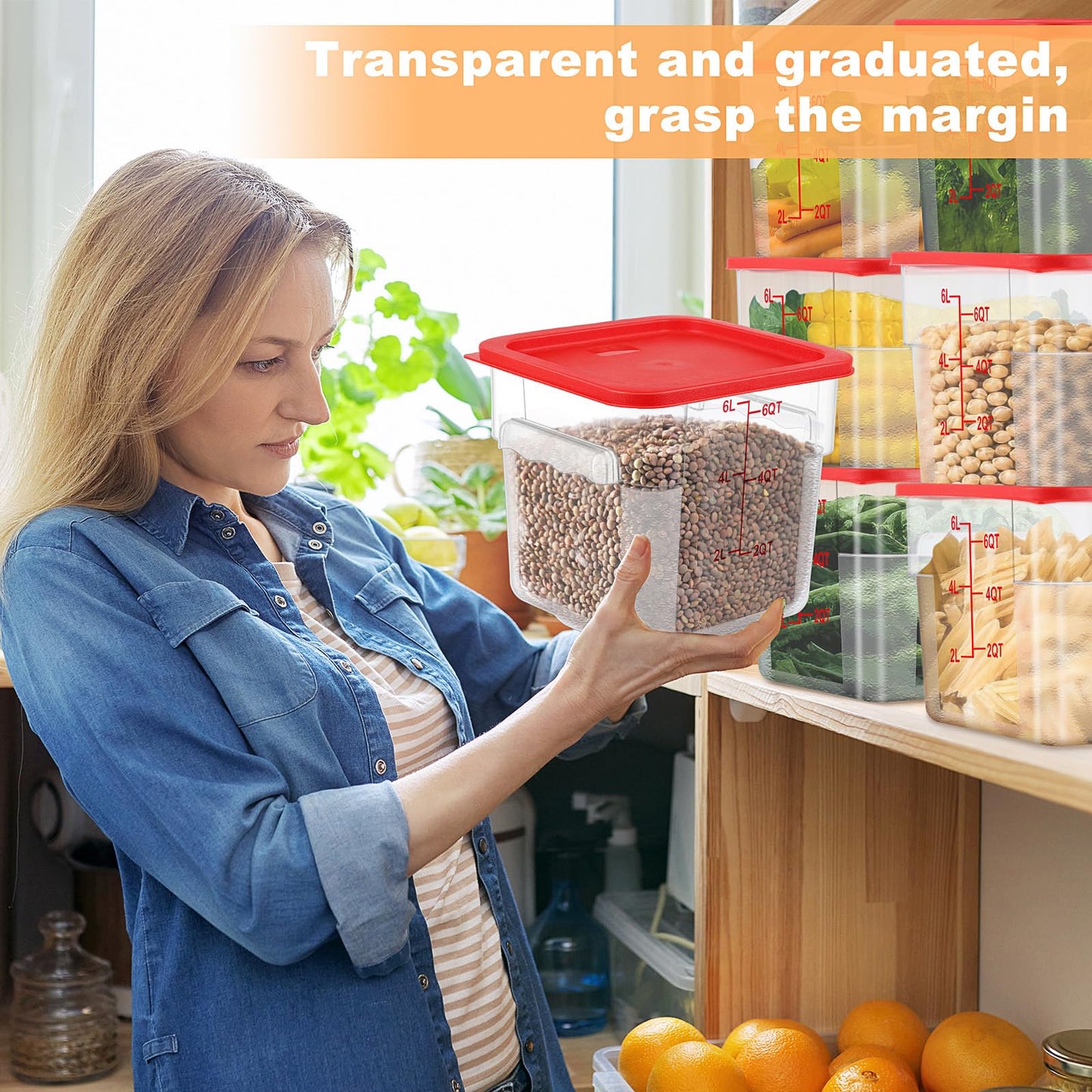 Ziliny 15 Sets 6 Qt Square Food Storage Containers with Lids Commercial Polycarbonate Containers Dough Proofing with Scale Clear Airtight Cereal for Pantry Home Restaurant