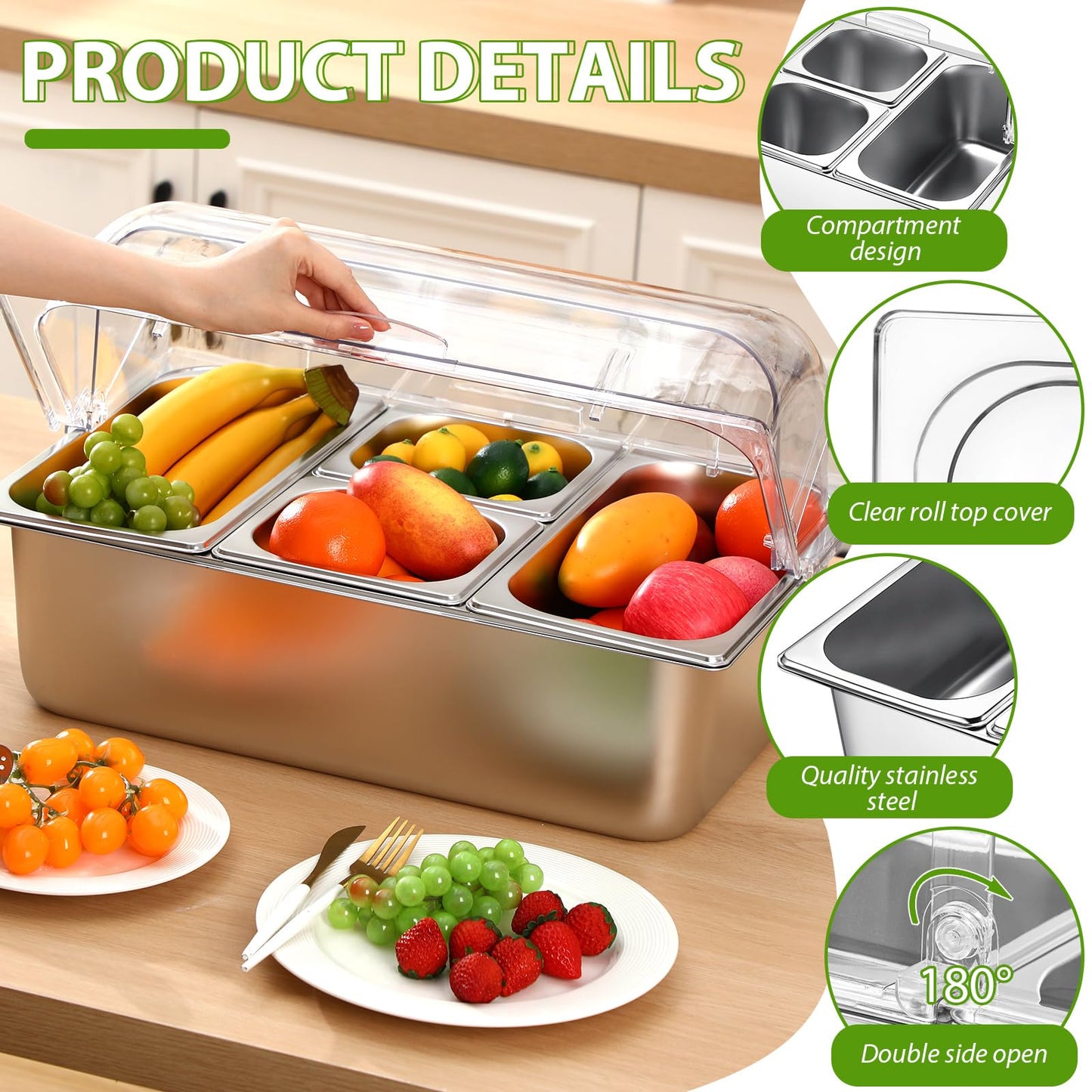 Ziliny 4 Pans Countertop Ice Food Serving Display Container and Clear Roll Top Cover Stainless Steel Condiment Dispenser Serving Tray Salad Bar Buffet Station for Restaurant Hotel Kitchen Party