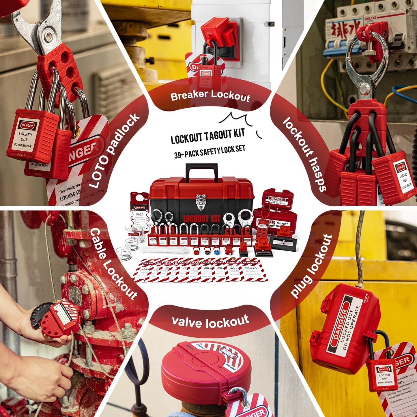 BOZZYS Portable Lockout Tagout Kit - 39 Pack OSHA Compliant | Red Loto Locks to Prevent Accidental Startup | for Industrial Electrical Plug & Breakers Lock Out Tag Out