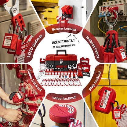 BOZZYS Portable Lockout Tagout Kit - 39 Pack OSHA Compliant | Red Loto Locks to Prevent Accidental Startup | for Industrial Electrical Plug & Breakers Lock Out Tag Out
