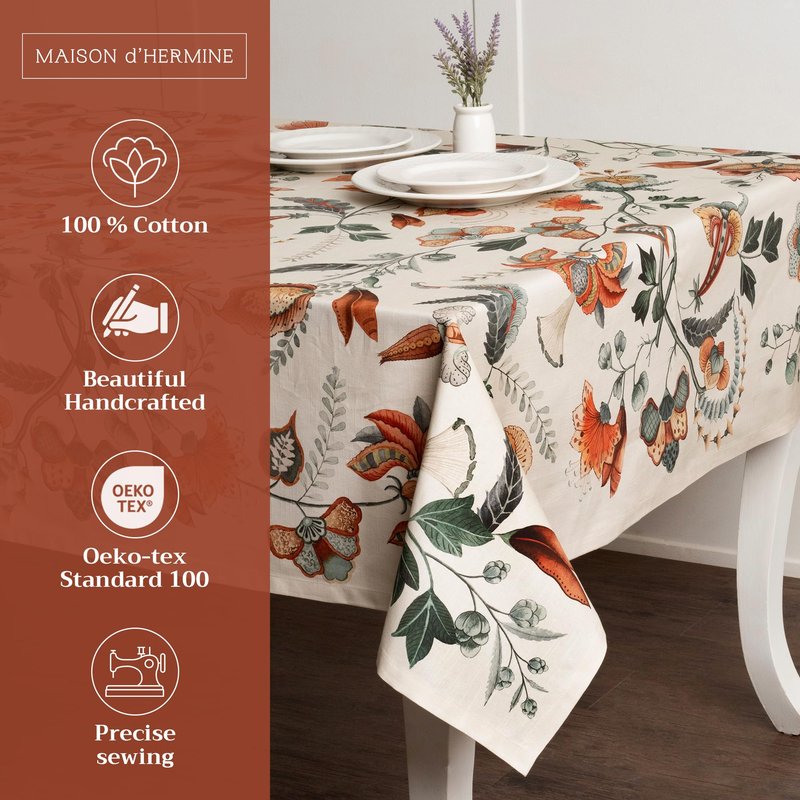 Maison d' Hermine Table Cloth Rectangle Table 100% Cotton 70 x 140 Inches Fall Tablecloth Reusable Everyday Use for Thanksgiving Christmas Decorations Dining Farmhouse Party (Dalida)