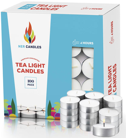 Tea Lights Candles - 4.5 Hour Burn Time - 100 Pack Bulk Candles - White Unscented - Travel Candles - Shabbat Candles - Long Burn Time