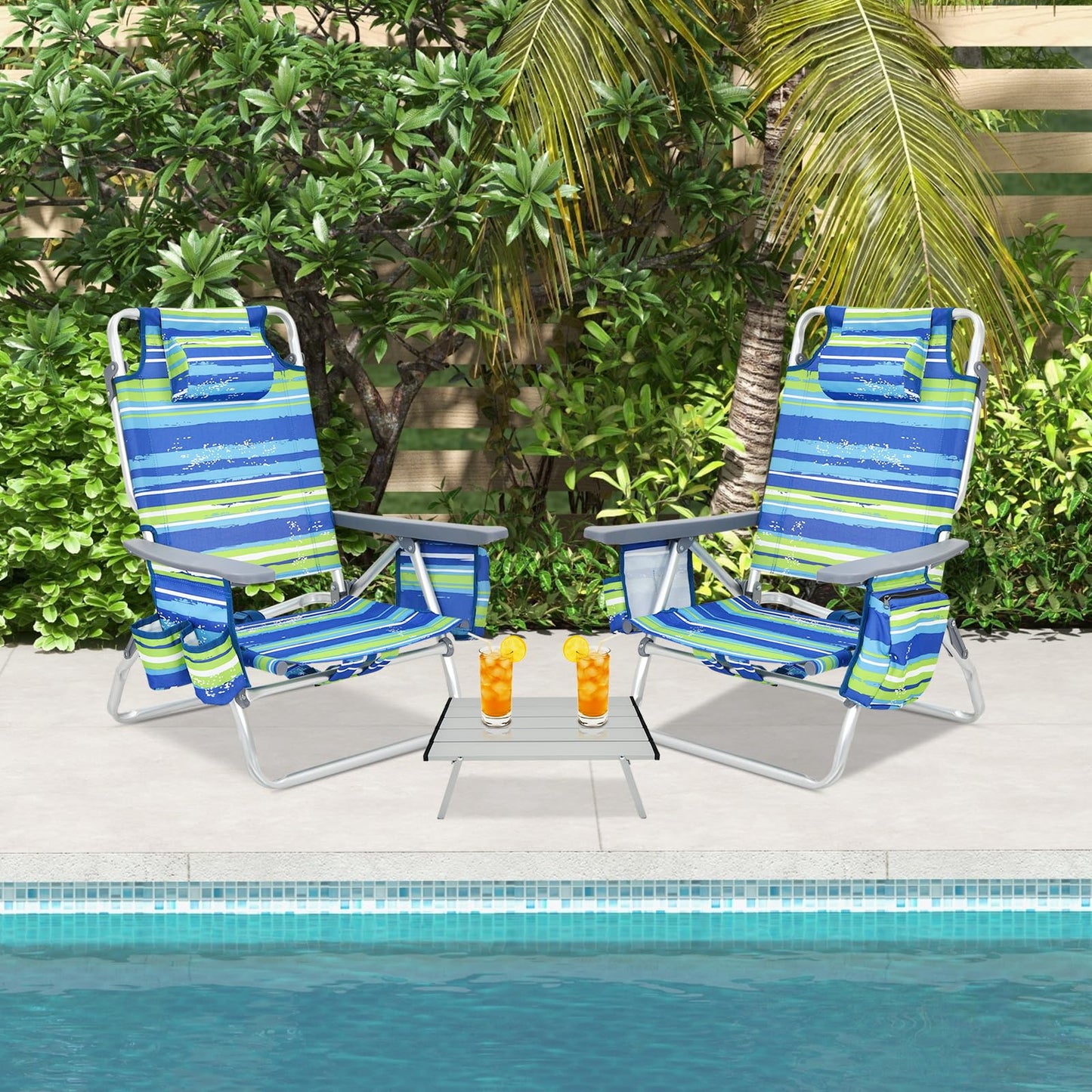 GYMAX Beach Chairs, Backpack Camping Chair with Armrest, Cooler Bag, Cup Holder, Towel Bar & Side Pockets, Sunbath Sling Tanning Lounge, Folding Layout Chair (with Table, Blue Stripe)