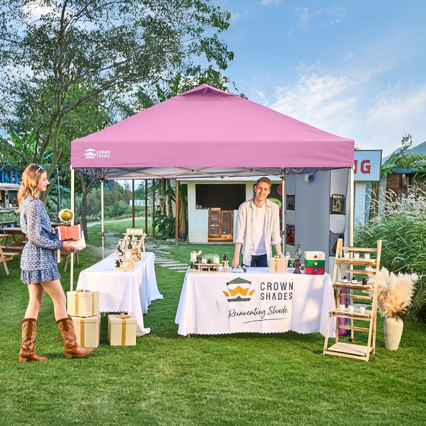 CROWN SHADES Canopy Tent, 10 x 10 Foot Portable Pop Up Outdoor Shelter with Pocket Sidewall, Push Center Lock, UV Protection, and Carry Bag, Pink