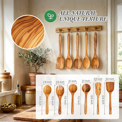 Qinyoung 6 Pack Olive Wood Cooking Utensils Olive Wood Kitchen Utensils Mixing Spatula Spoon Fork Set with Gift Box for Cooking Baking Meal, Birthday Anniversary Mother's Day Housewarming Gifts