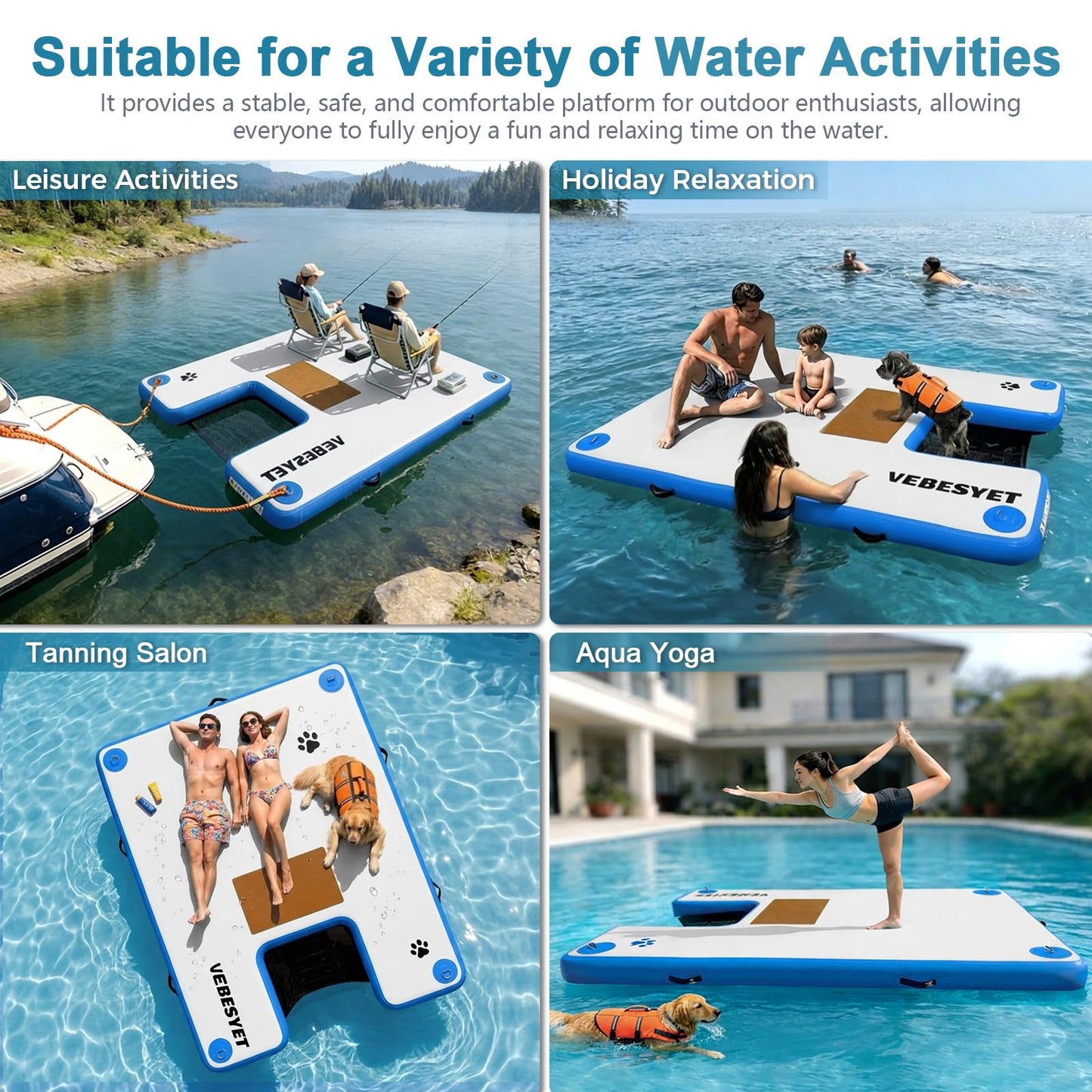 VEBESYET Inflatable Dock with Water Ramp, 6 inch Thick Non-Slip Inflatable Floating Dock for Dogs & Adults, Durable Drop-Stitch Floating Dock Platform for Lake, Ocean, Swimming & Fishing