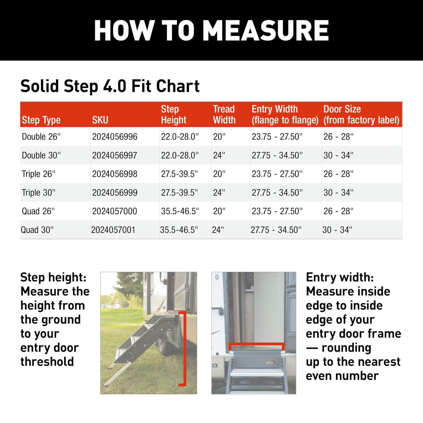 Lippert Solid Step 4.0 Premium Double RV Camper Entry Steps with 26" Step Width, XL Top Tread, 8" Rise, 500-lb. Weight Capacity, Adjustable Legs, Recessed Feet, Foldable Design - 2024056996