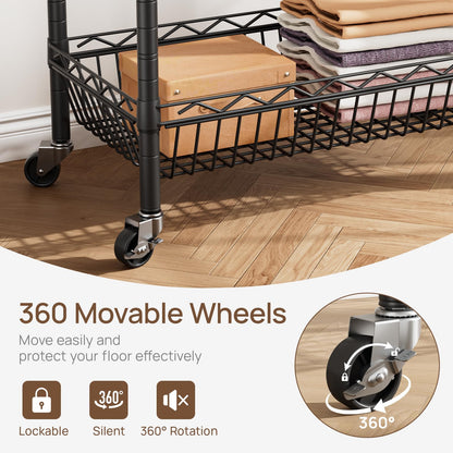 Heavy Duty Clothes Rack Rolling Garment Rack,3 Tier Adjustable Wire Shelving Clothing Racks for Hanging Clothes with Double Rods&Side Hooks,Freestanding Wardrobe Storage Rack Metal Portable Closet