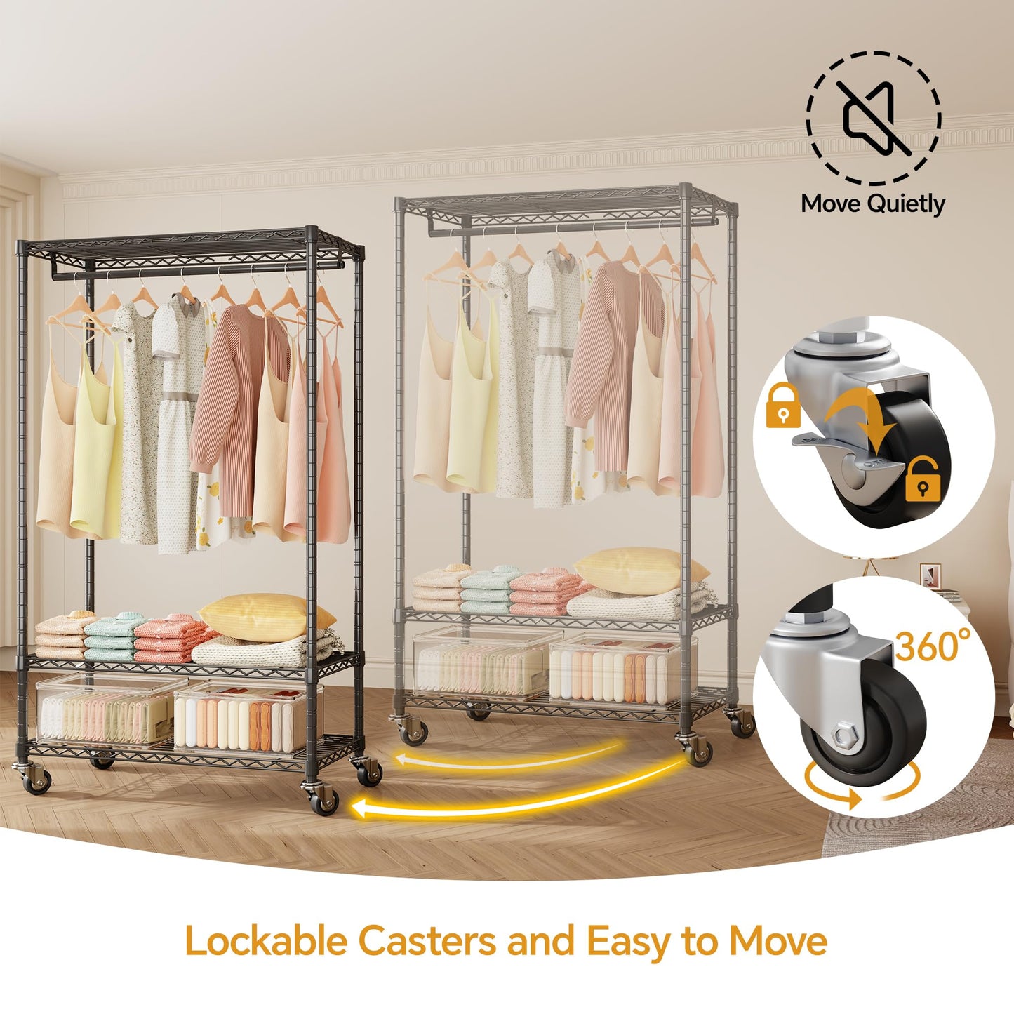 Higeego H4 Clothing Rack with Cover, Rolling Heavy Duty Clothes Rack, Garment Rack on Wheels, Portable Closet for Hanging Clothes, Black Clost Rack with Black Fabric Cover, Max Load 380LBS