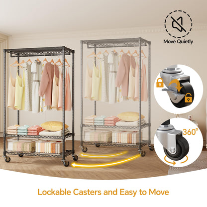 Higeego H4 Clothing Rack with Cover, Rolling Heavy Duty Clothes Rack, Garment Rack on Wheels, Portable Closet for Hanging Clothes, Black Clost Rack with Black Fabric Cover, Max Load 380LBS
