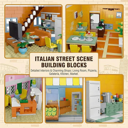 Italian Street View Building Blocks Set - 3-Story Pizza Shop &amp Lemon Store Modular Bricks with Fountain &amp Balcony Details 4017 Pieces for Adults &amp Teens Collectible Architecture Model Ki