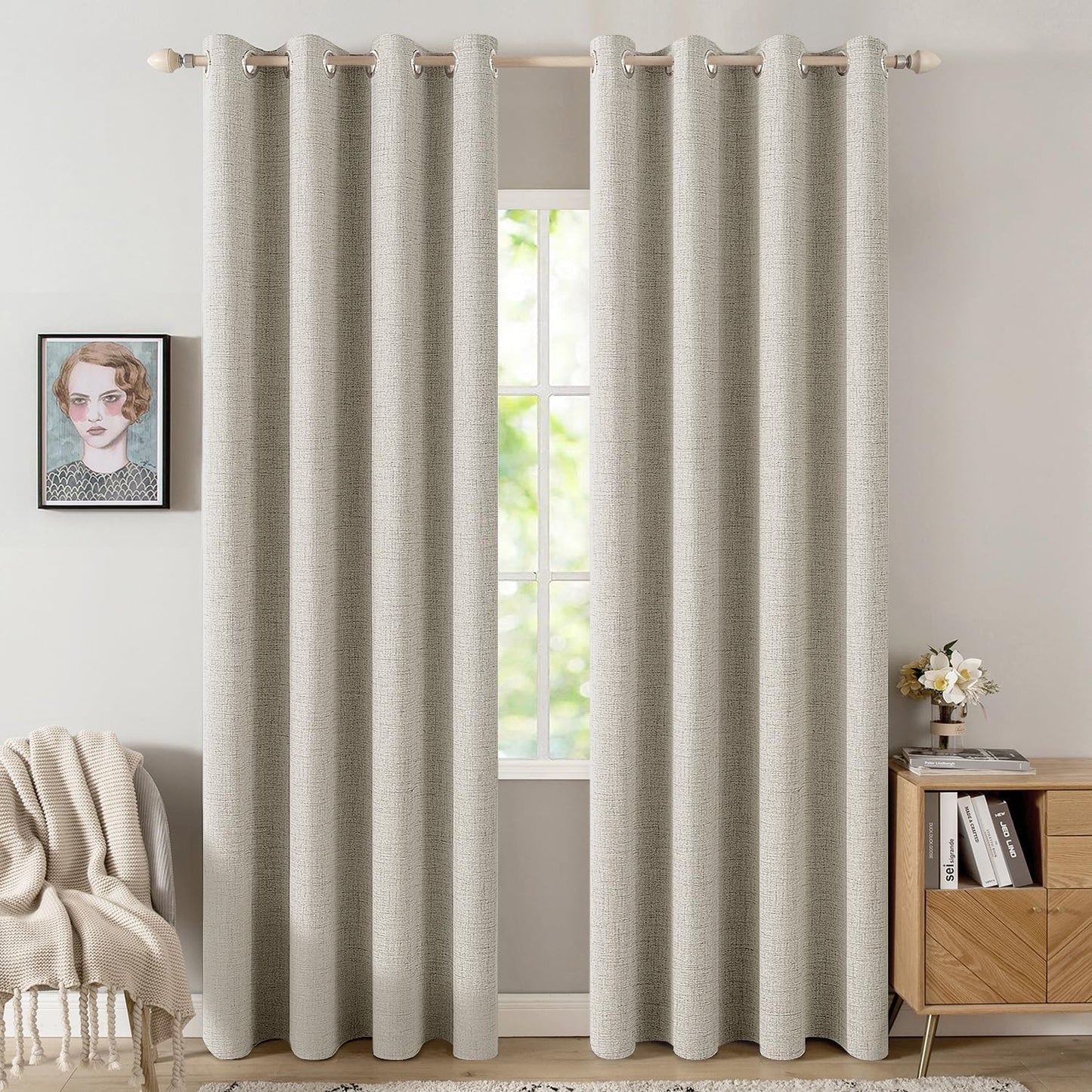 MIULEE 100% Blackout Linen Curtains - Thermal Insulated Cobblestone Grommet Drapes | 52 x 84 Inch (2 Panels)