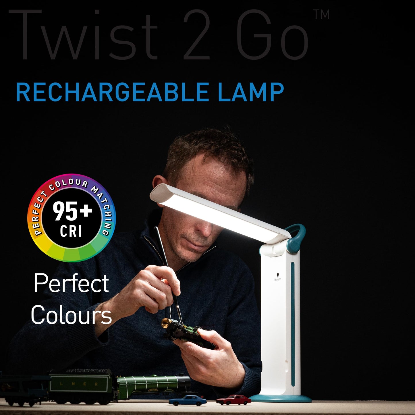 Daylight Twist 2 Go Rechargeable LED Lamp – Portable Craft & Task Light with Easy Twist Shade, 95+ CRI for Color Accuracy, 3 Brightness Levels, Up to 8 Hours Battery Life – Teal & White (U35090)