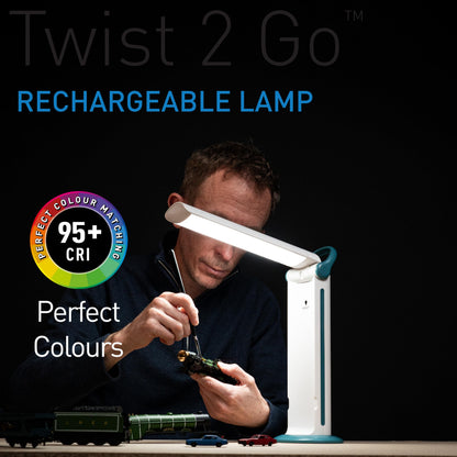 Daylight Twist 2 Go Rechargeable LED Lamp – Portable Craft & Task Light with Easy Twist Shade, 95+ CRI for Color Accuracy, 3 Brightness Levels, Up to 8 Hours Battery Life – Teal & White (U35090)