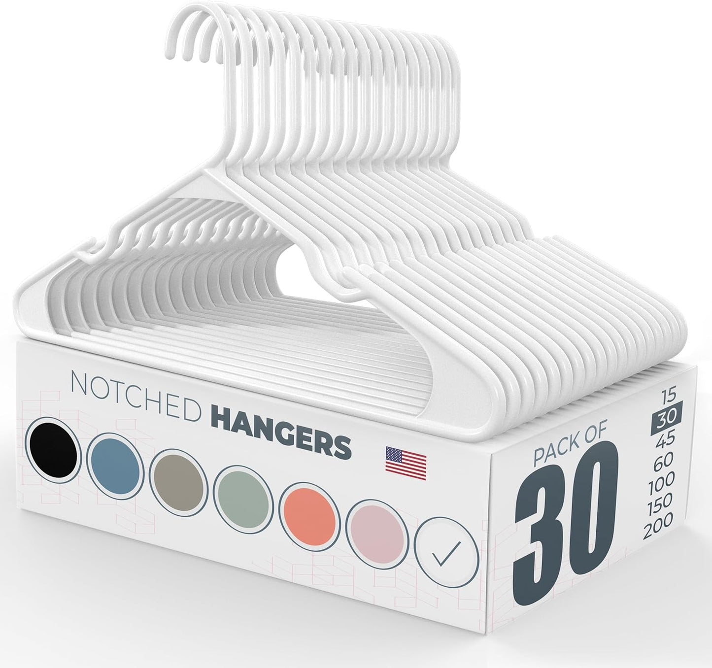 Neaties Plastic Hangers 30 Pack - Durable 6lb Capacity Clothes Hangers with Notches - White