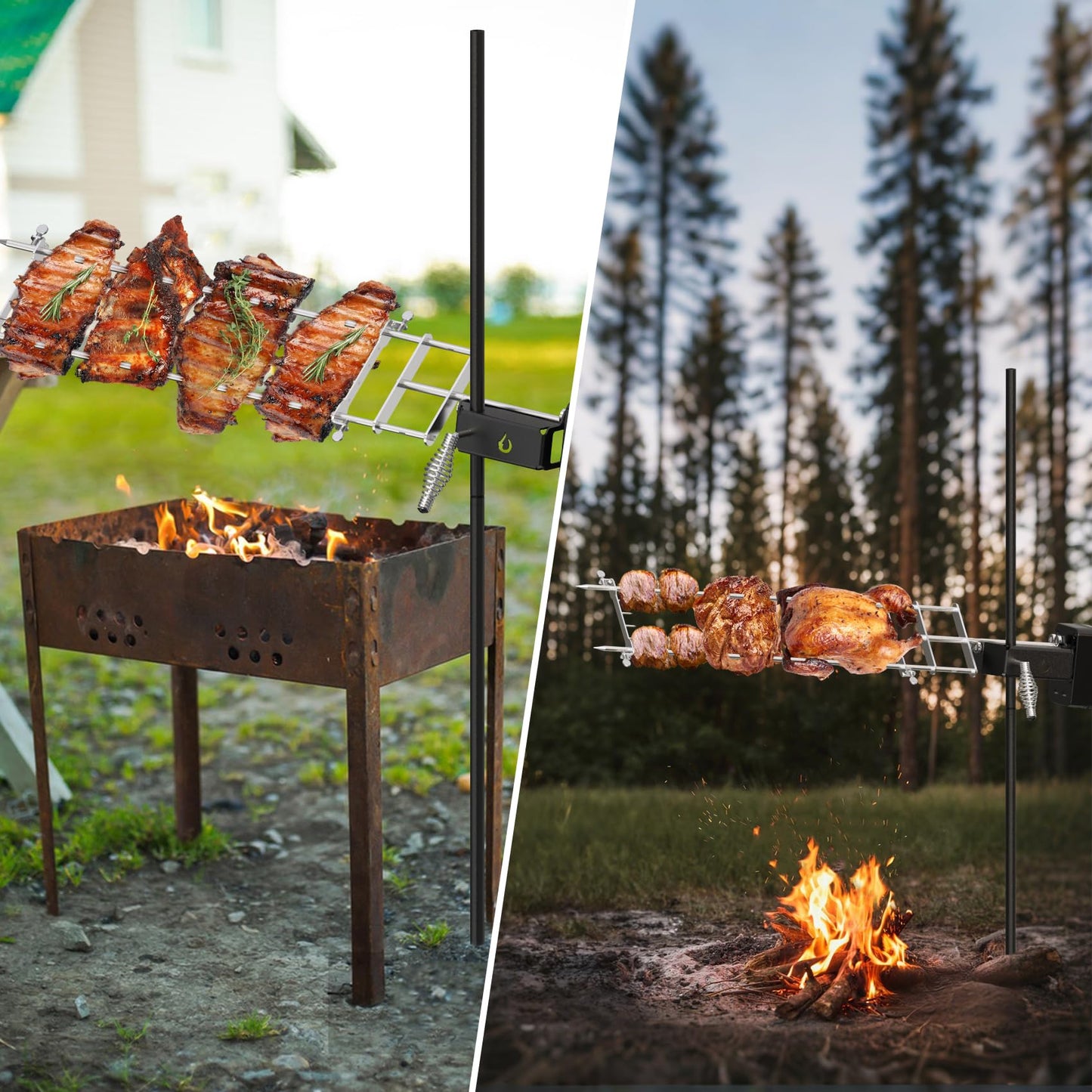 onlyfire Rotisserie Grill Kit Adjustable Spit Roaster with Cordless Motor for Outdoor Camping, Fire Pits, Campfires, Charcoal and Gas Grills - Include Power Adapter and Carrying Bag