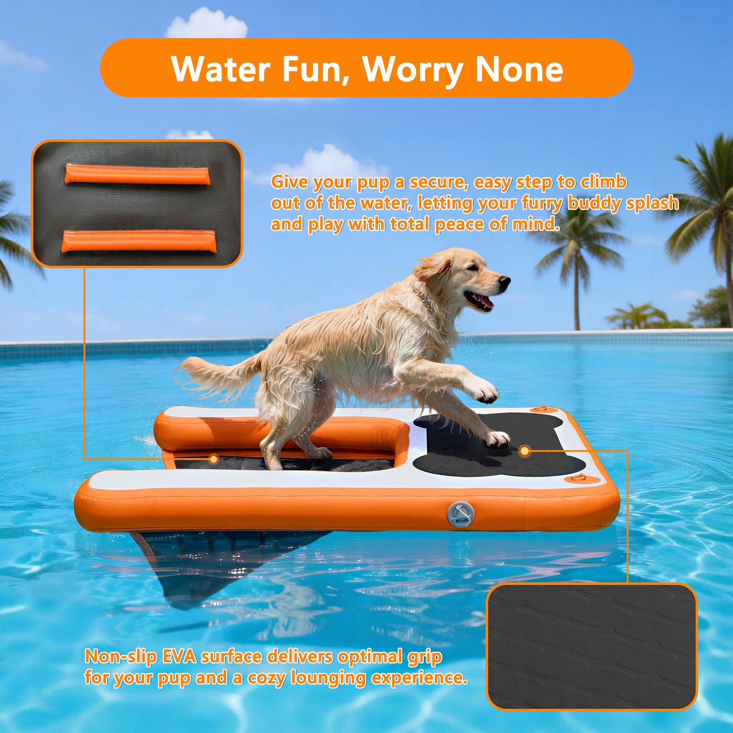 VOFiTNY Dog Boat Ramp Dock for Pool Inflatable Puppy Water Raft Plank Portable Pup Mat Floating Doggy Floats Ladder Play Bright Orange up to 240lbs