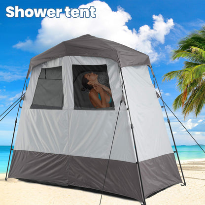 Porayhut Portable Camping Shower Tent Deluxe Changing Room Easy Set Up Privacy Shelter,Large Toilet Tent 2 Rooms with Floor Drain Design for Beach, Camping,Hiking with Stakes and Ropes for Stability