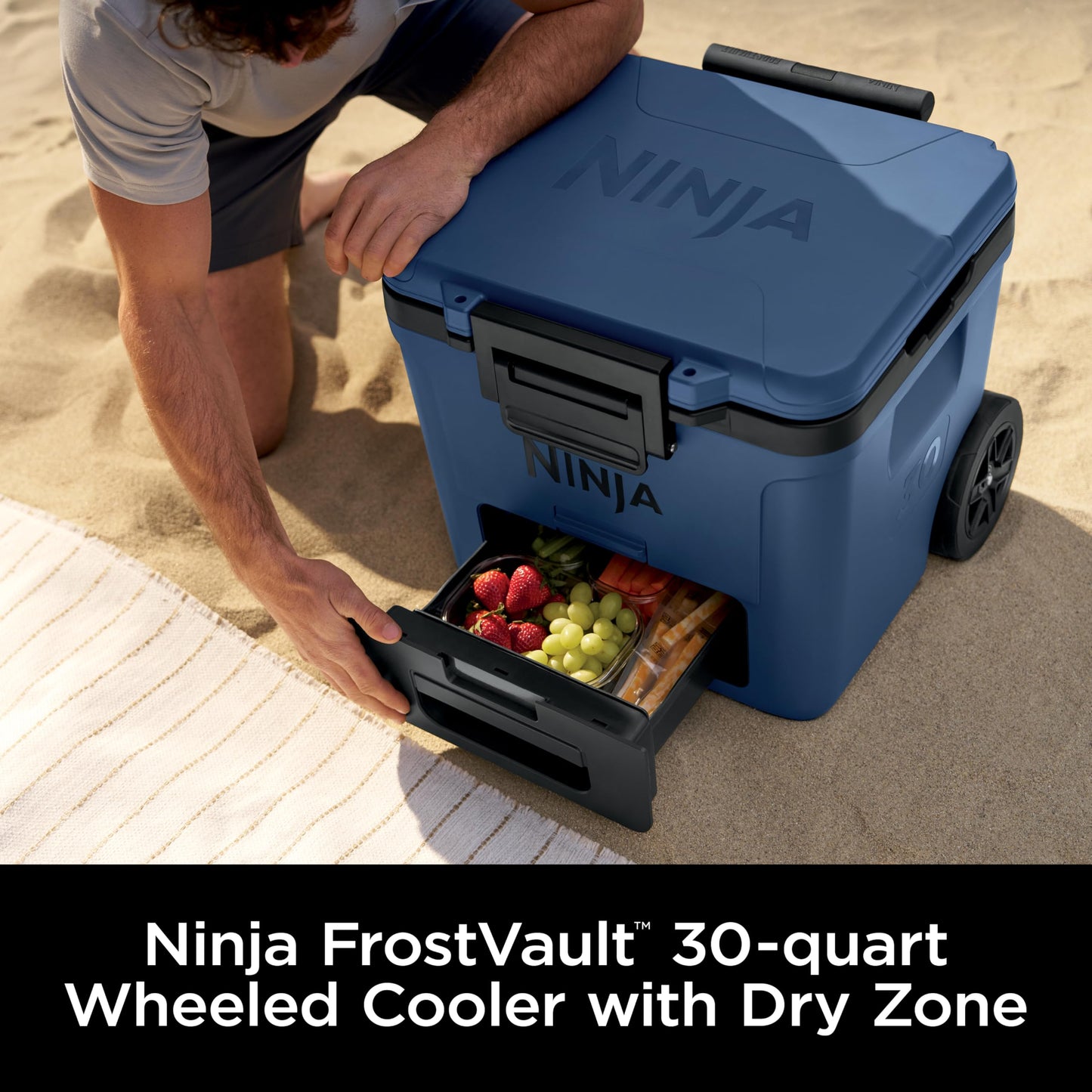 Ninja | Cooler | FrostVault 30QT Cooler with Wheels | Insulated with Temp Dry Storage Drawer | Keeps Ice Cold for Days | for the Beach, Camping, Picnics & More | Lakeshore Blue | FB230BL