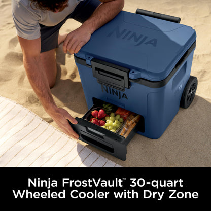 Ninja | Cooler | FrostVault 30QT Cooler with Wheels | Insulated with Temp Dry Storage Drawer | Keeps Ice Cold for Days | for the Beach, Camping, Picnics & More | Lakeshore Blue | FB230BL