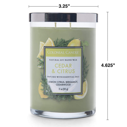 Colonial Candle Cedar & Citrus Scented Jar Candle, Classic Cylinders Collection, 2 Wick, Green, 11 oz - Up to 80 Hours Burn