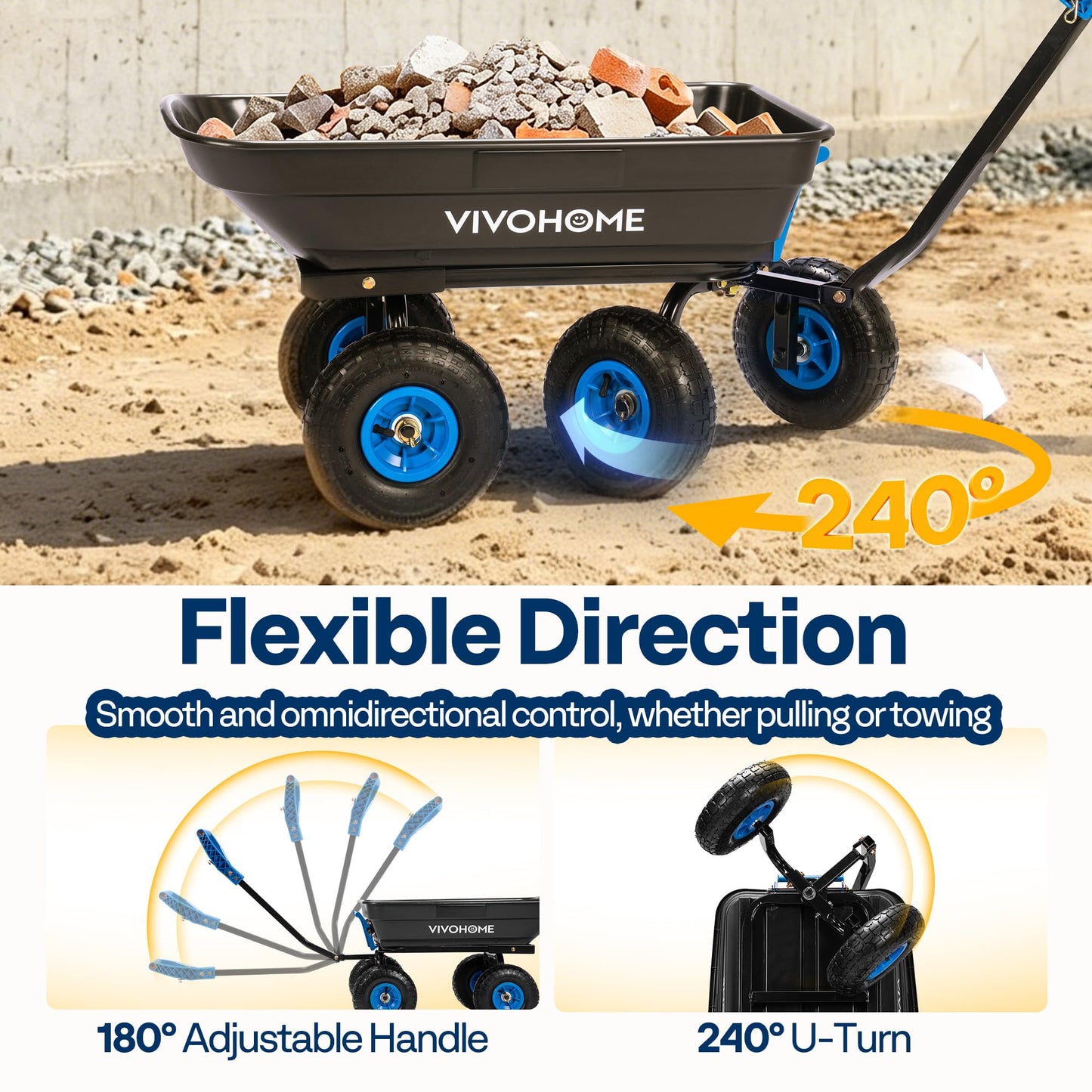 VIVOHOME 4 Cu.Ft 660lbs Wheelbarrow Garden Cart Dump Wagon with 2-in-1 Convertible Handle Attach to ATV or Tractor, 10" All Terrain Wheels, Quick Release Heavy Duty Utility Trailer for Yard-Blue