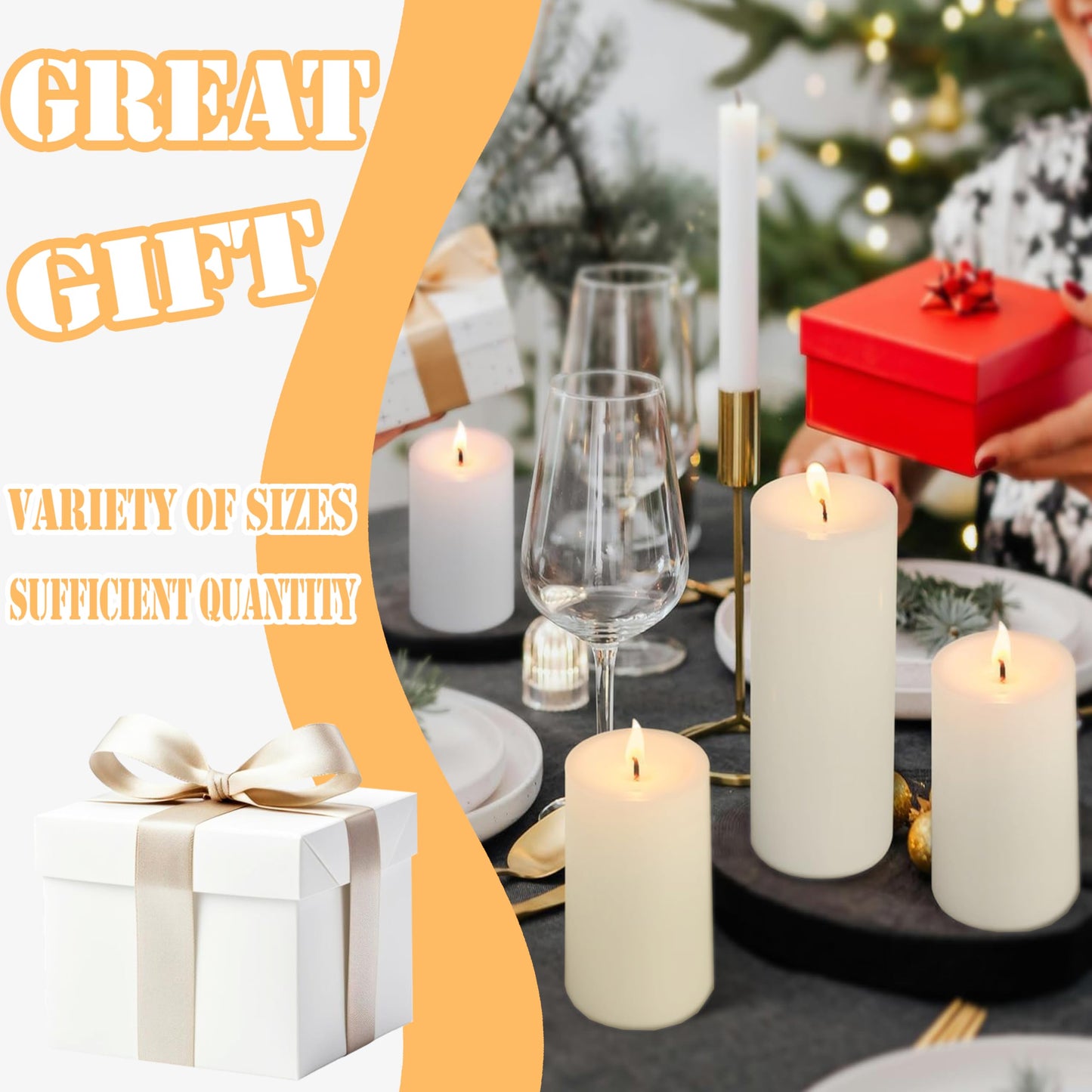 Veiuwa 36 Pcs Ivory Pillar Candles Bulk Set，2x3 2x6 2x8 Inch - 12 Each Size，Hurricane Candles，Dripless Unscented Smokeless，Gives You a Better Atmosphere When Organizing Wedding or Event Party.