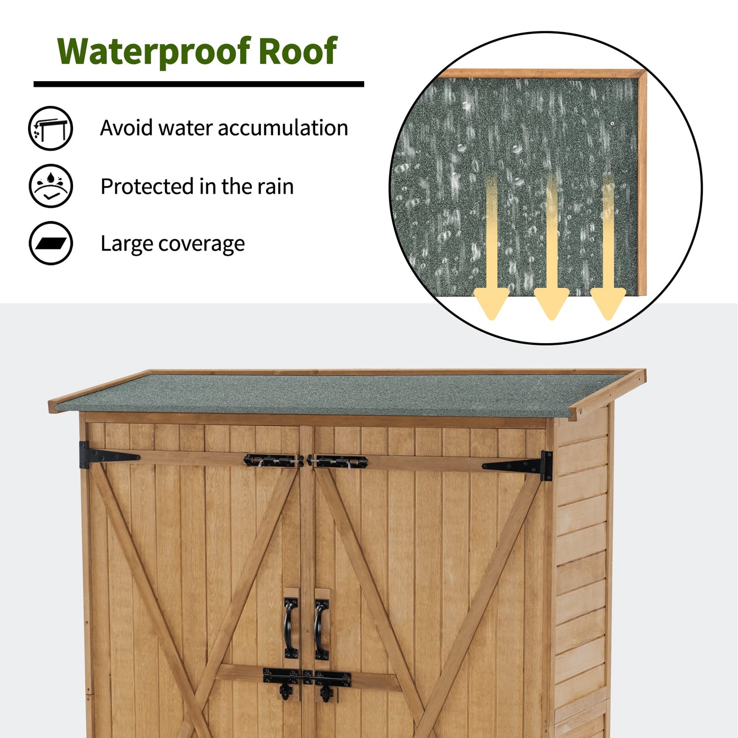 MCombo Outdoor Storage Cabinet with Shelves, Wood Garden Shed with Floor, Outside Tool Shed with 2 Lockable Doors for Yard Patio Lawn, 1400 (Natural)