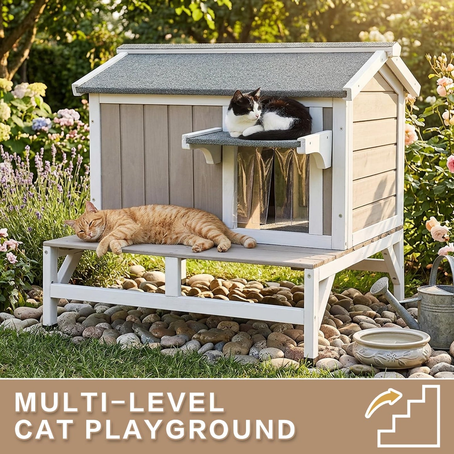 Pawbuilt Outdoor Cat House – Weatherproof Wooden Shelter with Elevated Base, Balcony & Openable Roof, 2-Story Cozy Condo with Built-in Cat Scratch Mat for Small, Feral, or Community Cats
