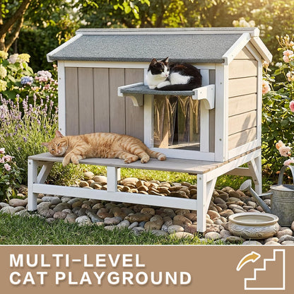 Pawbuilt Outdoor Cat House – Weatherproof Wooden Shelter with Elevated Base, Balcony & Openable Roof, 2-Story Cozy Condo with Built-in Cat Scratch Mat for Small, Feral, or Community Cats