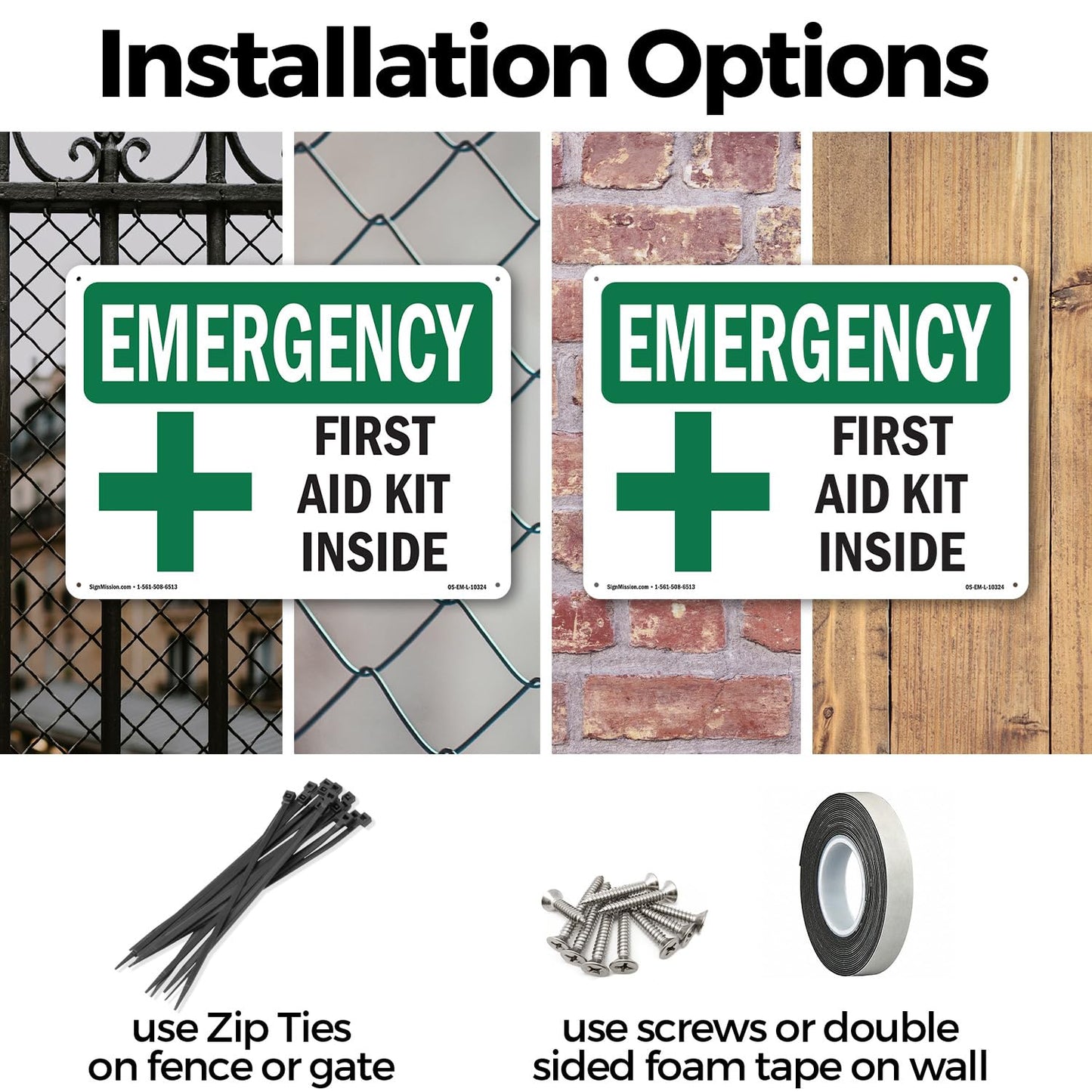 First Aid Kit Inside OSHA Emergency Rigid Plastic Sign 18 Inch x 12 Inch - 10 Pack