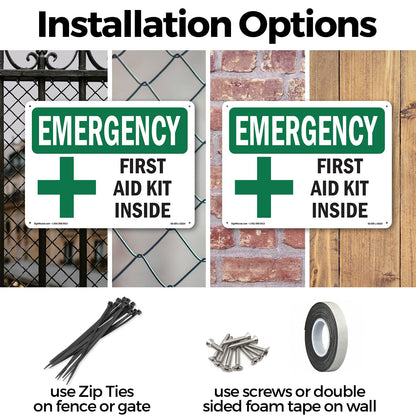 First Aid Kit Inside OSHA Emergency Rigid Plastic Sign 18 Inch x 12 Inch - 10 Pack