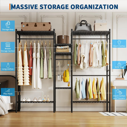 GarveeHome Heavy Duty Metal Clothes Rack – Adjustable Shelves, Freestanding Portable Wardrobe Organizer, Commercial Closet System for Garment Storage, Max Load 1210 LBS, Black – 86.2 x 17.3 x 76.4
