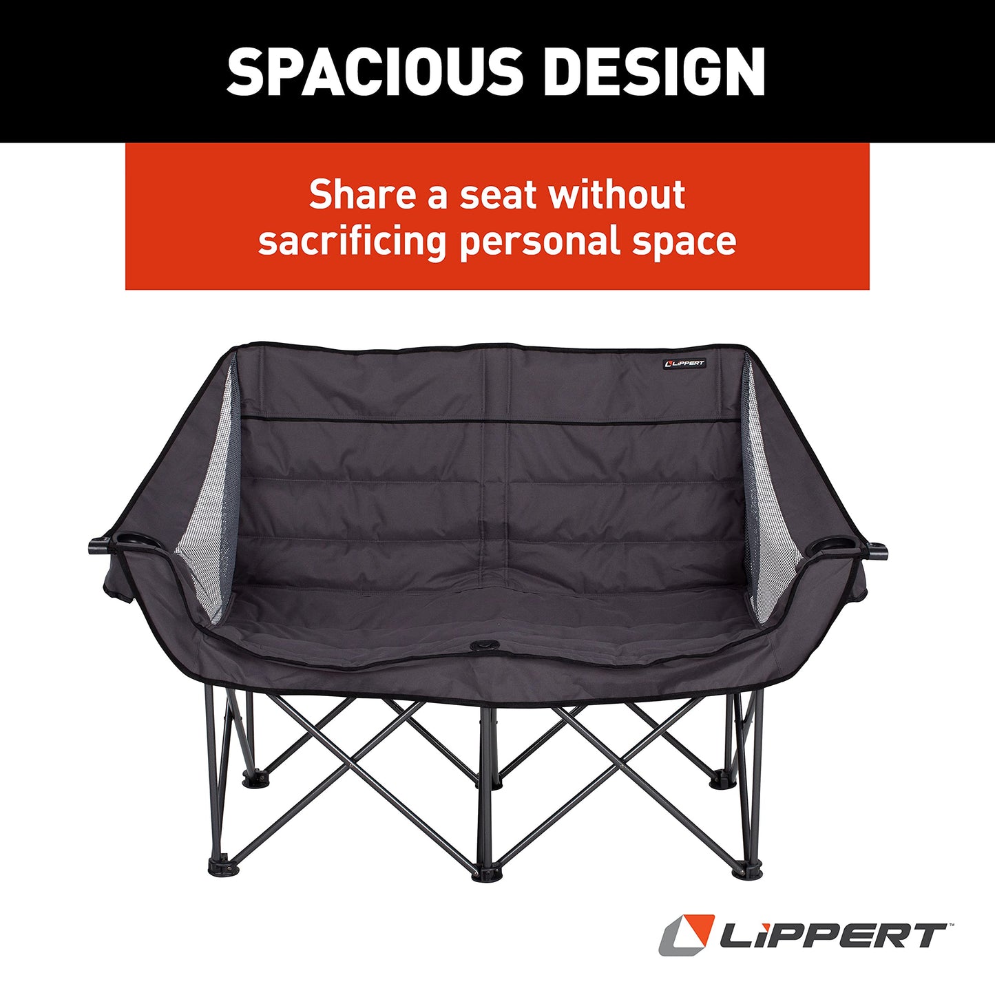 Lippert Campfire Folding Loveseat with 500-lb. Weight Capacity, Carry Bag, Durable Mesh Fabrics, High-Loft Cushioning, Storage Pocket, Dual Cupholders, Stemmed Wine Glass Holder (Grey) - 2021000206