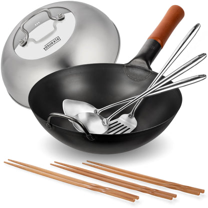 YOSUKATA Carbon Steel 11.8" Stir Fry Wok Pan + Reusable Natural Wooden Long Cooking Chopsticks Set of 3 pairs + Wok Lid 11.4 In + 17" Wok Spatula and Ladle and Turner Spatula