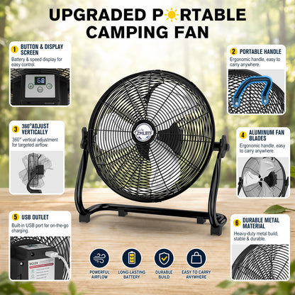 ZMLBTF 14" Solar Powered Fan with 20W Solar Panel & Rechargeable Battery, Portable, Quiet 12 Speed, 360° Tilt Head for Outside, Camping, Travel, Greenhouse, Chicken Coop, Patio, gazebo (Black)