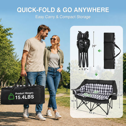 HOPERAN Double Camping Chair, Oversized Padded Camping Couch, 600D Oxford Folding Camping Loveseat w/Side Pocket, Cooler Bag, Wine Glass Holder, 800LBS Heavy Duty Lawn Chair for Patio Backyard Beach