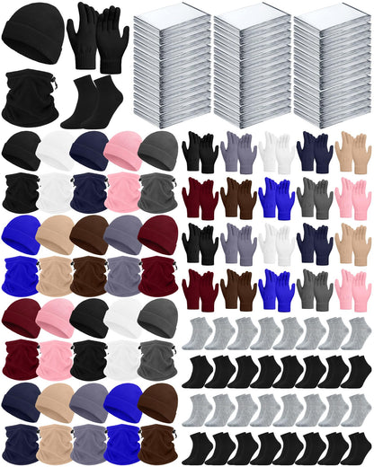 Silicherry 100 Pcs Homeless Care Package Supplies Bulk Emergency Blankets Winter Beanies Hats Scarf Gloves Socks Set