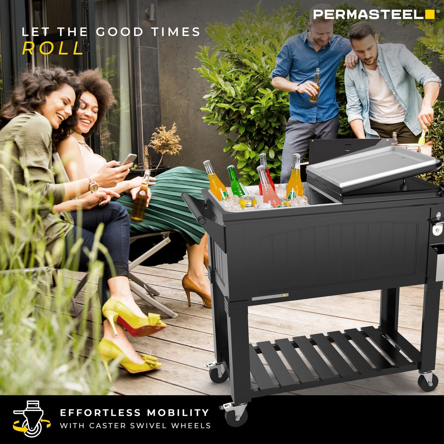 Permasteel Party Cooler with Divider, Spacious 80-Qt Capacity, Chills 36hrs, Serving Tray, Rolling Ice Chest for Indoor and Outdoor Entertainment, Matte Black