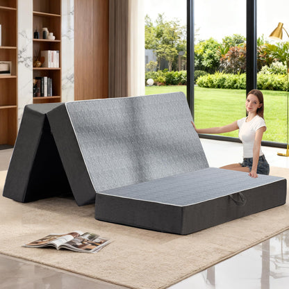 Tri Folding Mattress King Size - 6 Inch Dual-Layer Memory Foam Foldable Mattress Portable Floor Bed Sofa with Removable Washable Cover, Handle & Non-Slip Bottom for Guest, Camping, RV, Yoga, Home Use