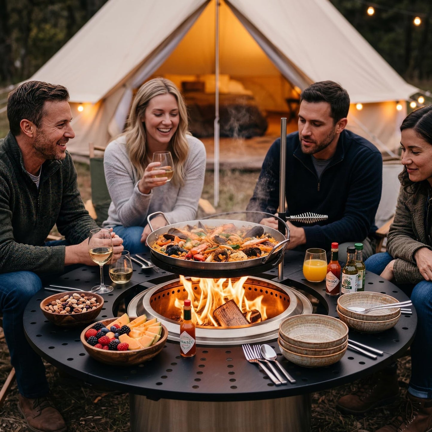 onlyfire Direct Mount Tabletop & Cooking Kit Combo for Solo Stove Bonfire 19.5 inch Fire Pit, 40" Round Heat-Resistant Surround Tray, Height-Adjustable Swivel BBQ Grate, Stainless Steel Griddle Plate