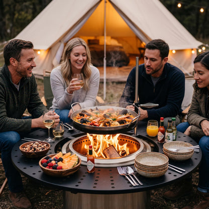 onlyfire Direct Mount Tabletop & Cooking Kit Combo for Solo Stove Bonfire 19.5 inch Fire Pit, 40" Round Heat-Resistant Surround Tray, Height-Adjustable Swivel BBQ Grate, Stainless Steel Griddle Plate