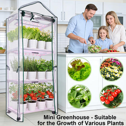 Mini Indoor Greenhouse with Grow Light, 3-Tier Portable Plant Greenhouse Cabinet with Wheels, 36W Full Spectrum LED, Waterproof PVC Tent Cover for Seed Starting, Herbs, Indoor Plants (Clear, 3 Tier)