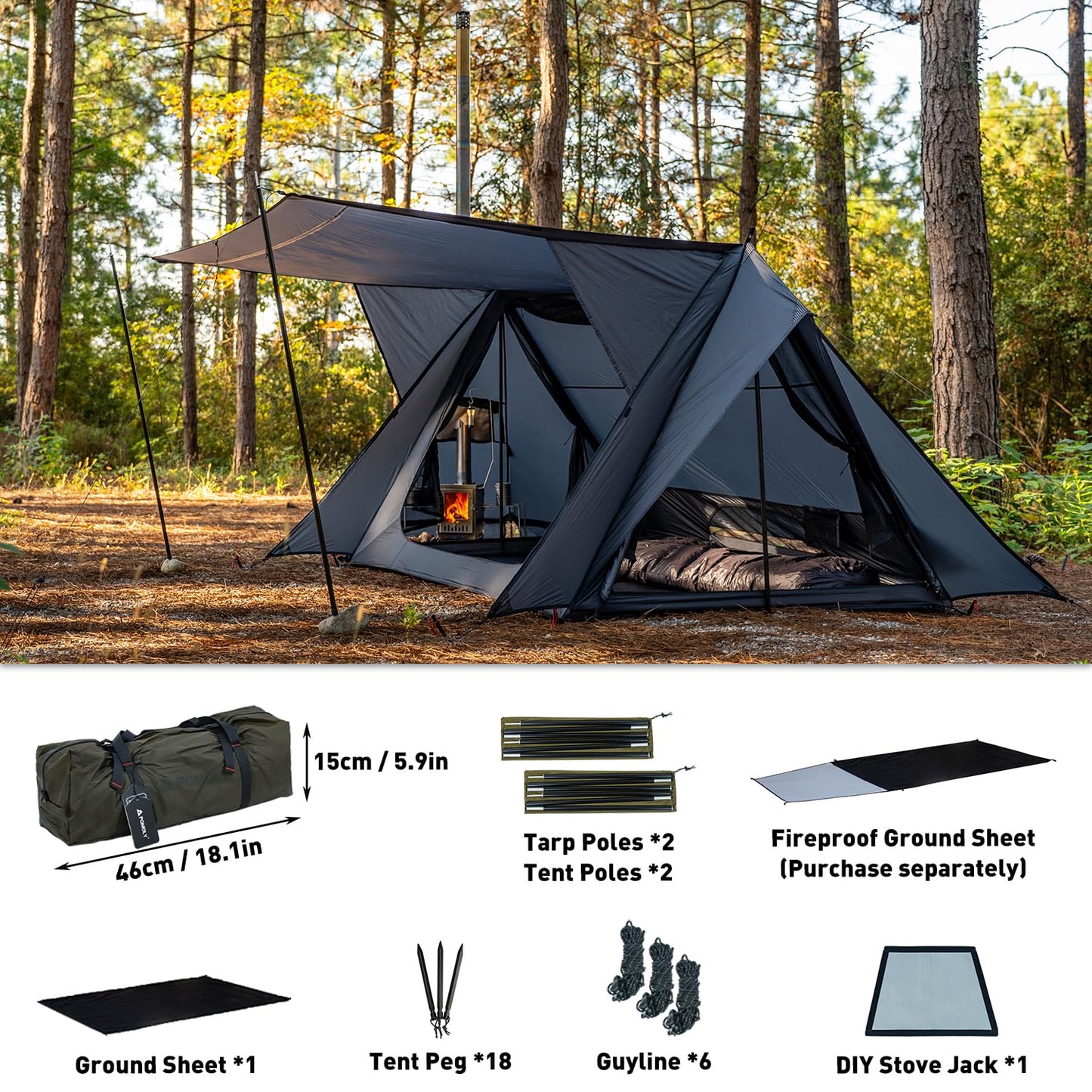 POMOLY Hot Tent Bushcraft Tent, STOVEHUT 20 Ultralight Shelter with 4 Poles for 1-2 Person Camping, Hiking, Backpacking (Blue Grey)