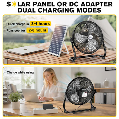 ZMLBTF 14" Solar Powered Fan with 20W Solar Panel & Rechargeable Battery, Portable, Quiet 12 Speed, 360° Tilt Head for Outside, Camping, Travel, Greenhouse, Chicken Coop, Patio, gazebo (Black)