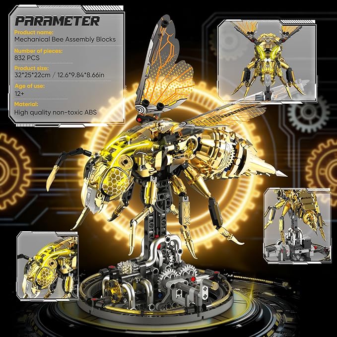 Mechanical Bee Building Blocks Kit for Adult Technic Bee Buildings Set for Adults with LED Light &amp Display Stand Robot Animal Building Toy with Moving Wings for Adults &amp Kids 832Pcs