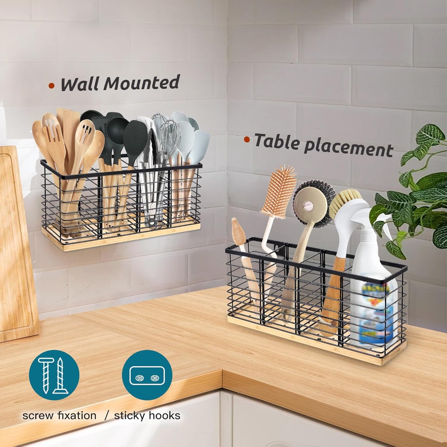 Suli Extra Large Kitchen Utensil Holder with 4 Compartments，Matte Black Metal holder with Wooden Base for Kitchen Countertop，Farmhouse Cooking Utensil Storage, Rustic Cooking Utensil